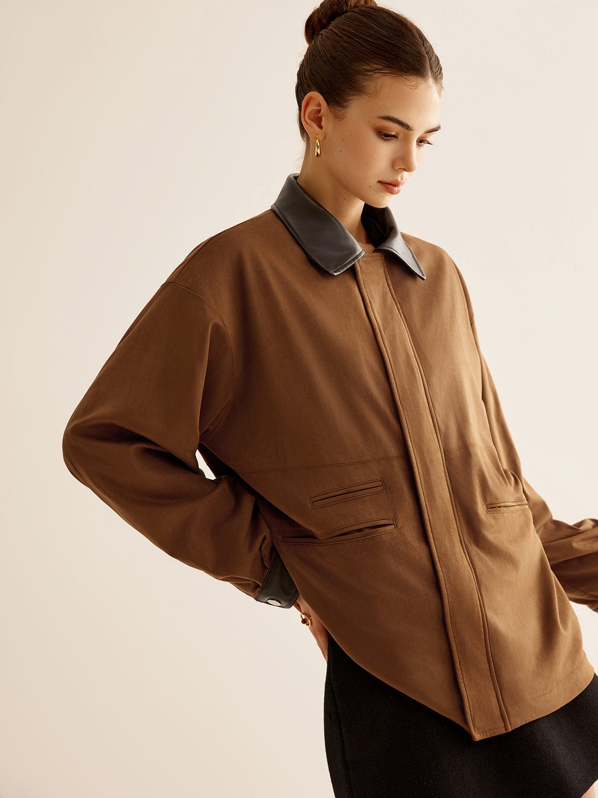Olane Brand Oversized Jacket with Leather Accents BrownSWomen's Jackets