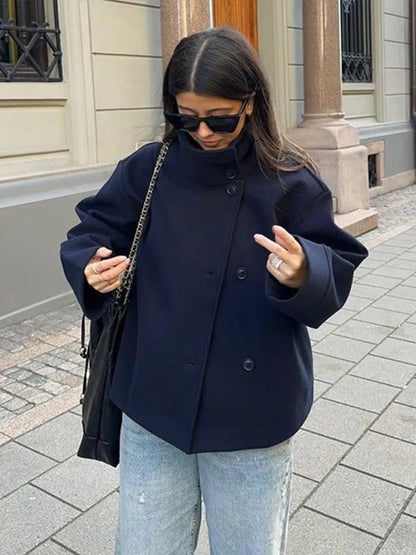 Olane Brand Winter Cape Collar Coat Navy BlueMCoats & Jackets