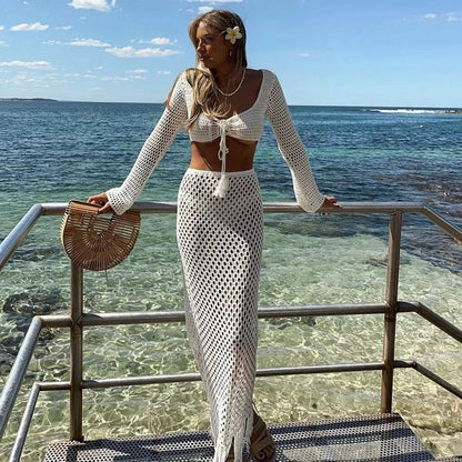 OLANE Breathable Crochet Cover Up Skirt Set SWomen's Sets