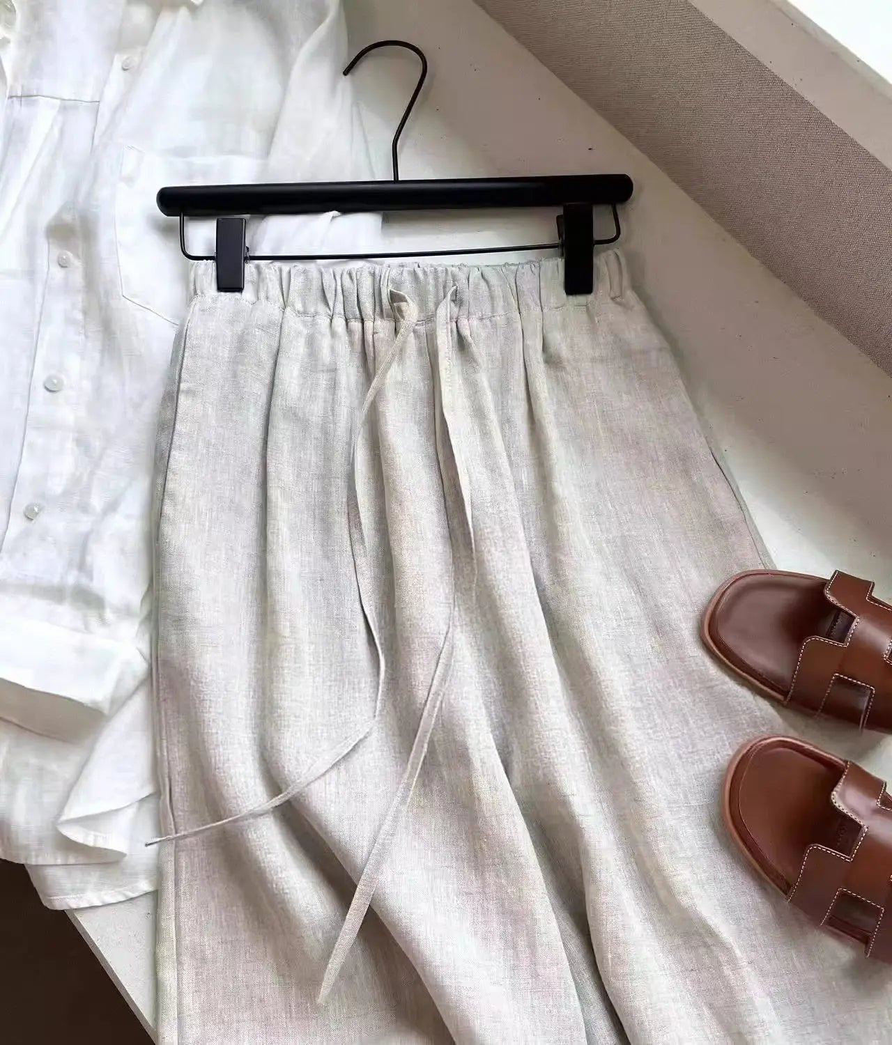 OLANE Breathable Wide Leg Linen Pants BeigeSWomen's Bottoms
