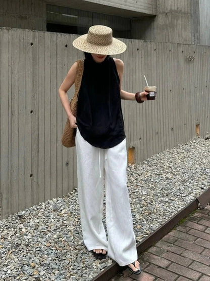 OLANE Breathable Wide Leg Linen Pants BeigeSWomen's Bottoms