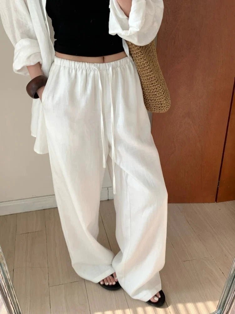 OLANE Breathable Wide Leg Linen Pants BeigeSWomen's Bottoms