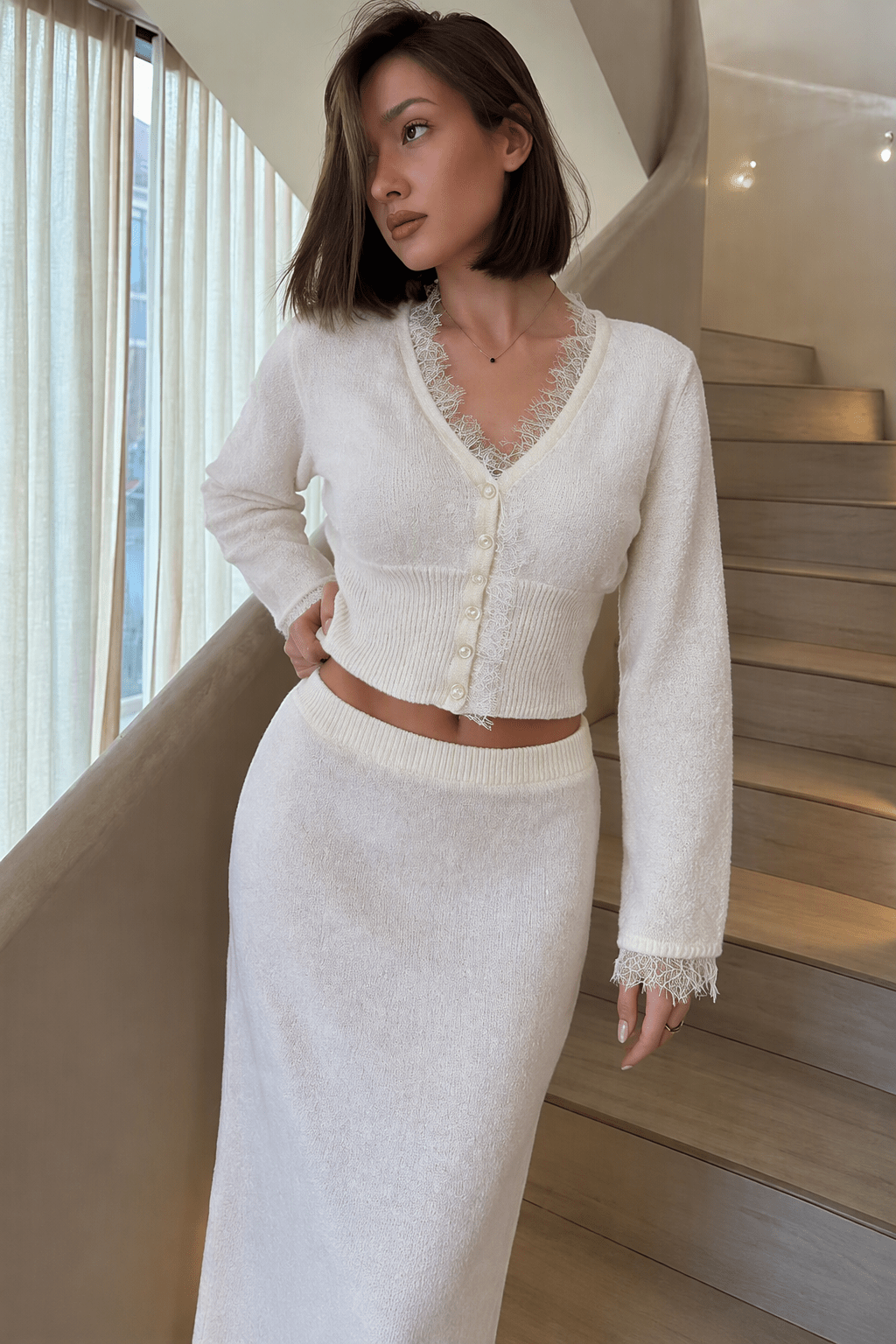 OLANE Buttoned V-Neck Lace Trim Cardigan WhiteCardigan