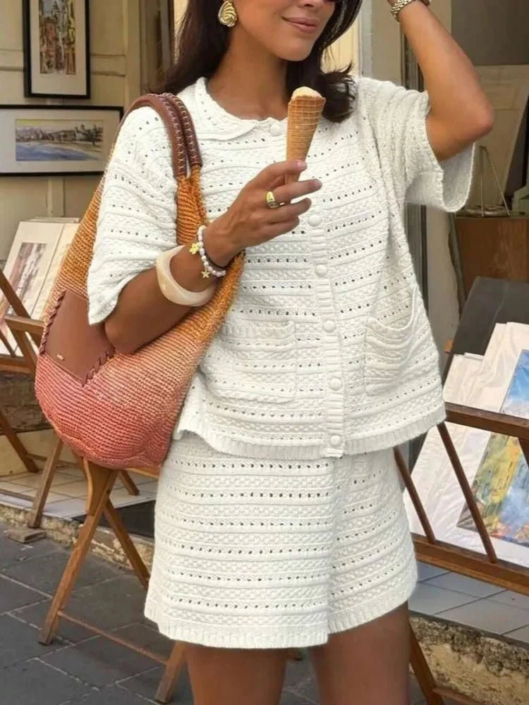 OLANE Casual Knitted Two - Piece Summer Set WhiteXLWomen's Sets