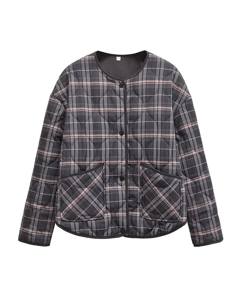 OLANE Casual Plaid Quilted Jacket Brown PlaidXSJacket