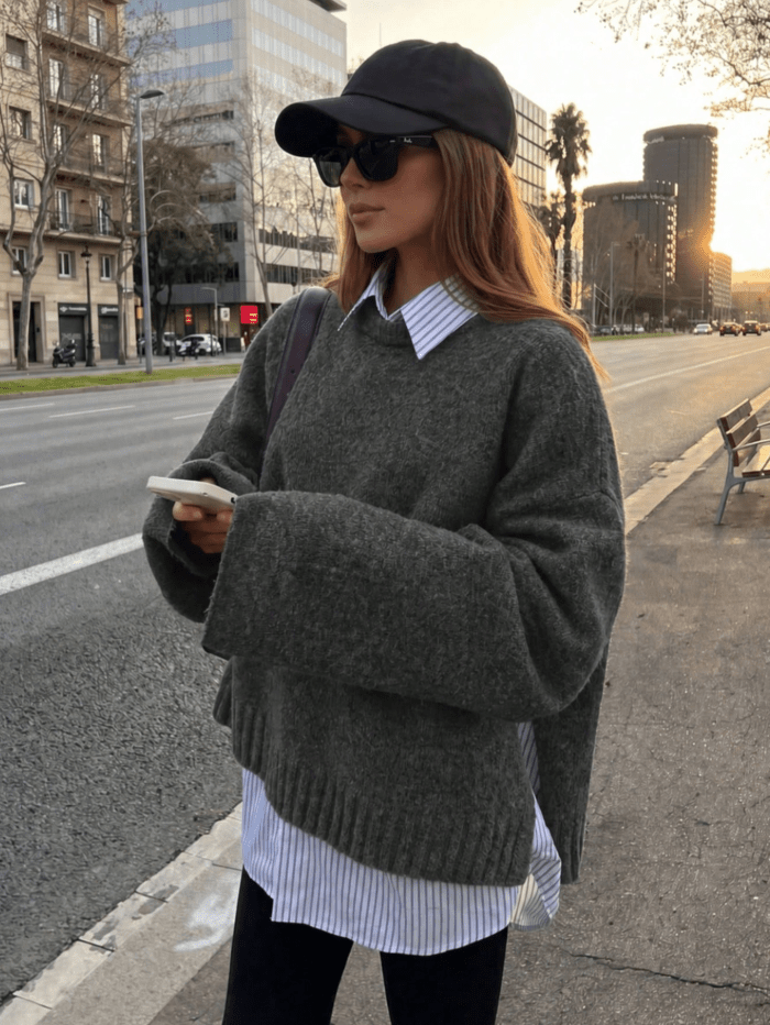 OLANE Casual Ribbed Knit Sweater GreyOne SizeWomen's Sweaters & Cardigans