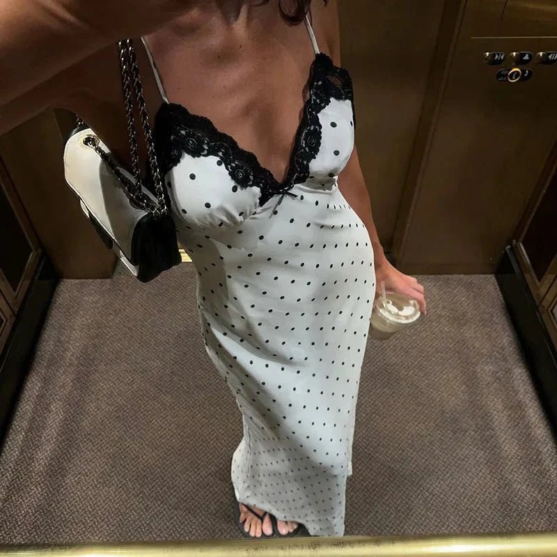 OLANE Charming Lace Trim Polka Dot Dress WhiteSWomen's Dresses