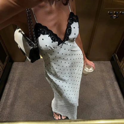 OLANE Charming Lace Trim Polka Dot Dress WhiteSWomen's Dresses