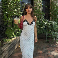 Adilenne Lace Trim Polka Dot Dress