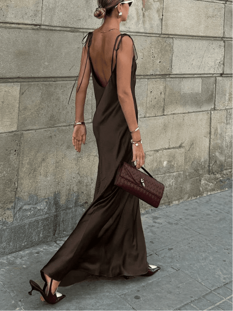 OLANE Chic Backless Satin Maxi Dress SWomen's Dresses