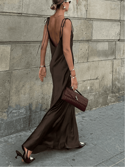 OLANE Chic Backless Satin Maxi Dress SWomen's Dresses