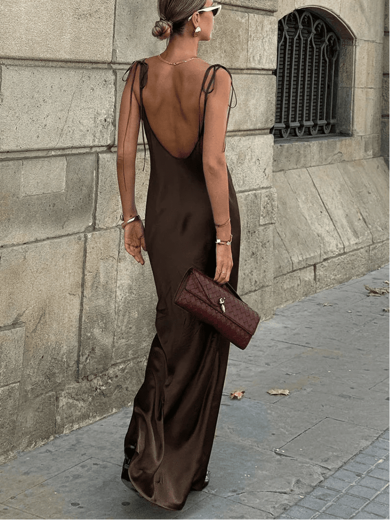 OLANE Chic Backless Satin Maxi Dress SWomen's Dresses