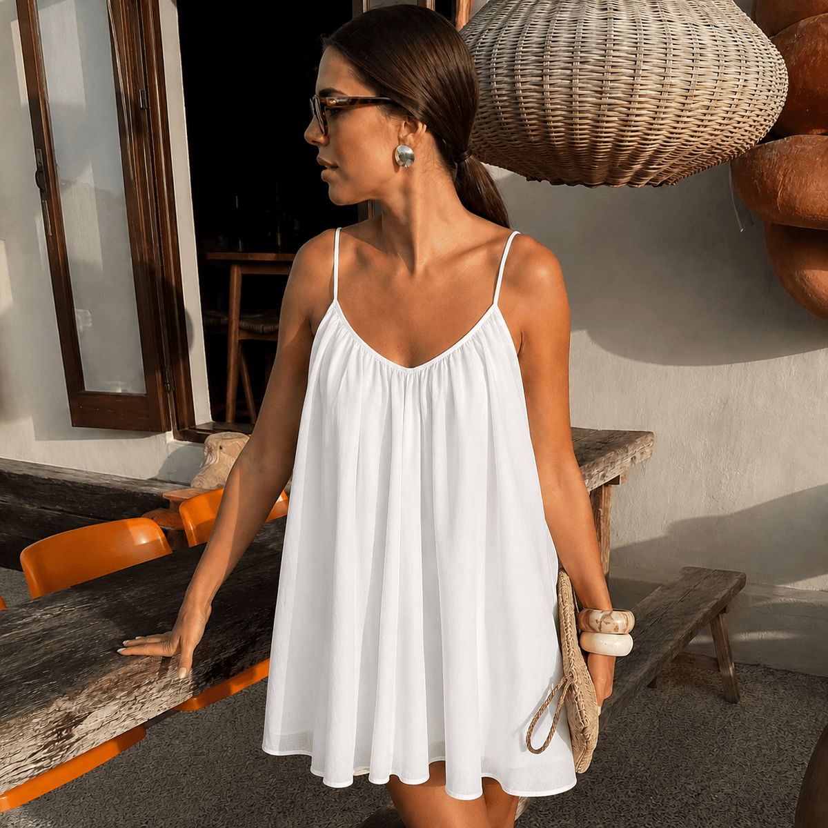 OLANE Chic Spaghetti Strap Flowy Mini Dress WhiteSWomen's Dresses