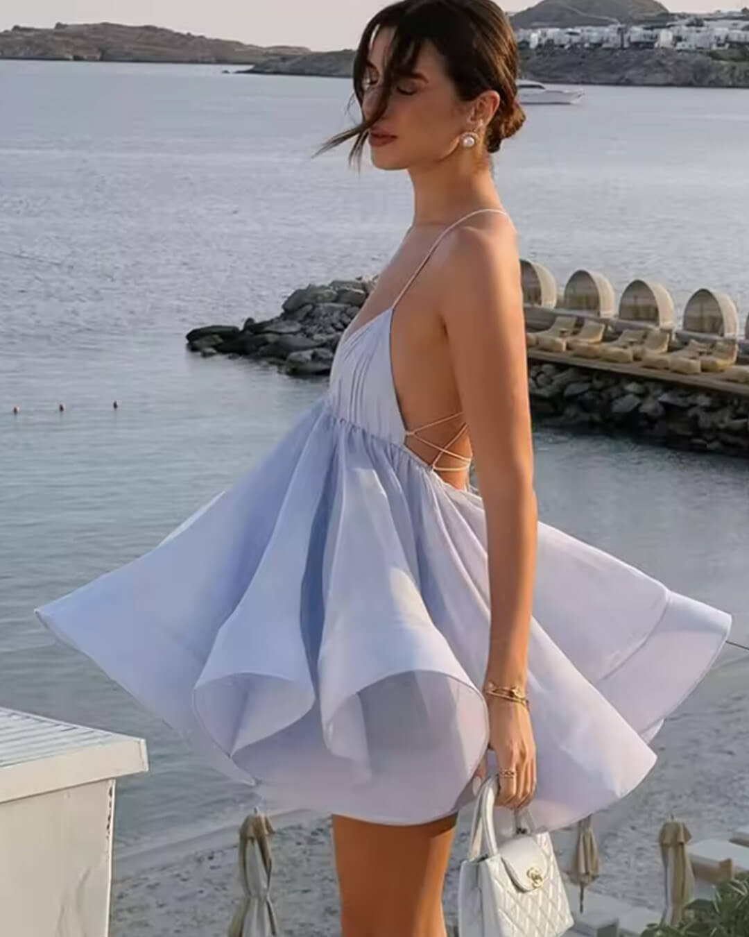 OLANE Chic V-Neck Suspender Mini Dress BlueSWomen’s Dresses