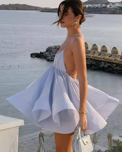 OLANE Chic V-Neck Suspender Mini Dress BlueSWomen’s Dresses