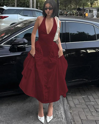 OLANE Chiffon Deep Neck Maxi Dress ClaretSWomen's Dresses