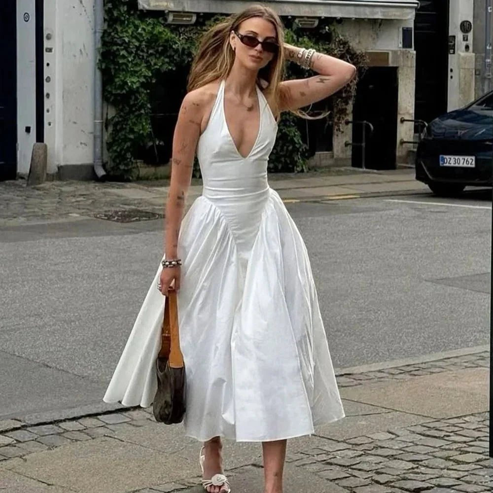 OLANE Chiffon Deep Neck Maxi Dress Light BlueMWomen's Dresses