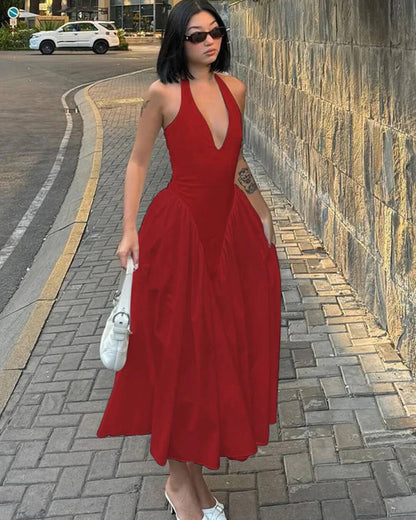 OLANE Chiffon Deep Neck Maxi Dress RedSWomen's Dresses