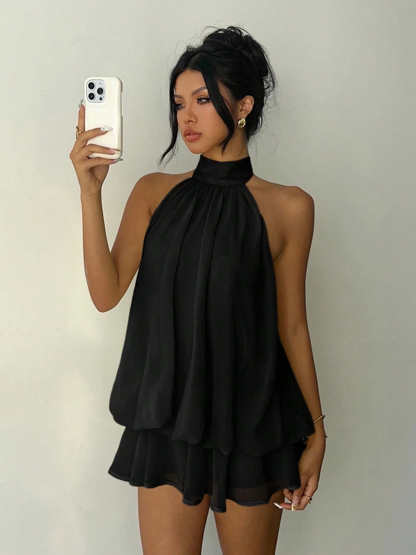 OLANE Chiffon Halter Mini Dress BlackSWomen's Dresses