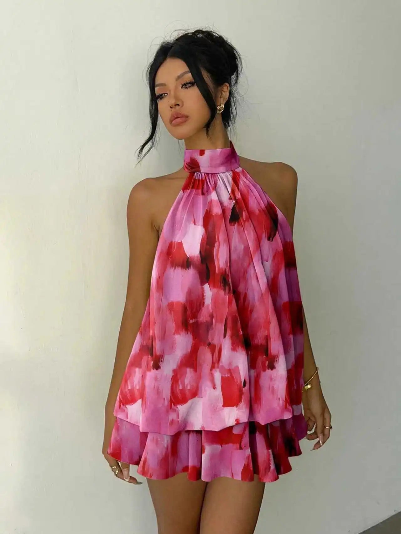 OLANE Chiffon Halter Mini Dress BrownSWomen's Dresses