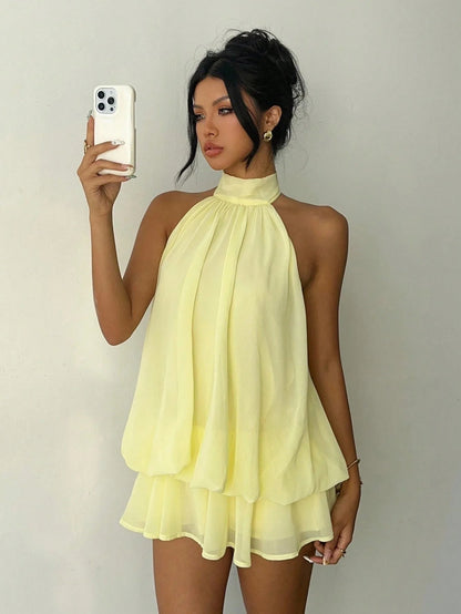 OLANE Chiffon Halter Mini Dress BrownSWomen's Dresses