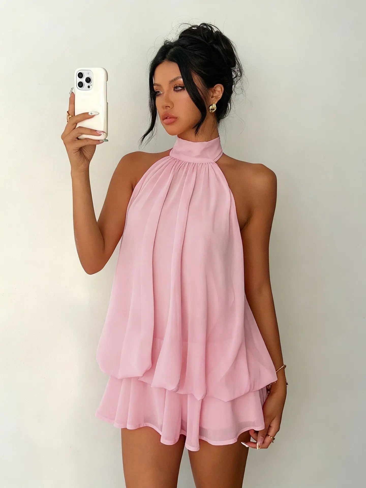 OLANE Chiffon Halter Mini Dress PinkSWomen's Dresses