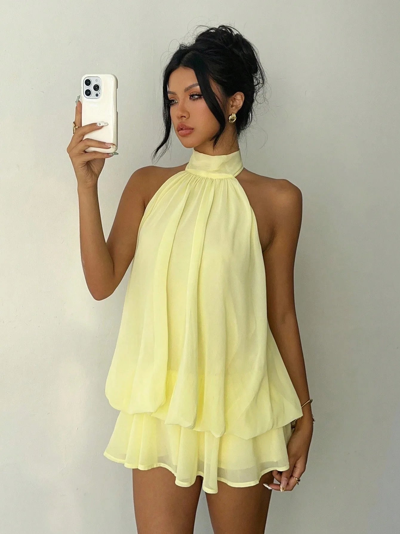 OLANE Chiffon Halter Mini Dress YellowSWomen's Dresses