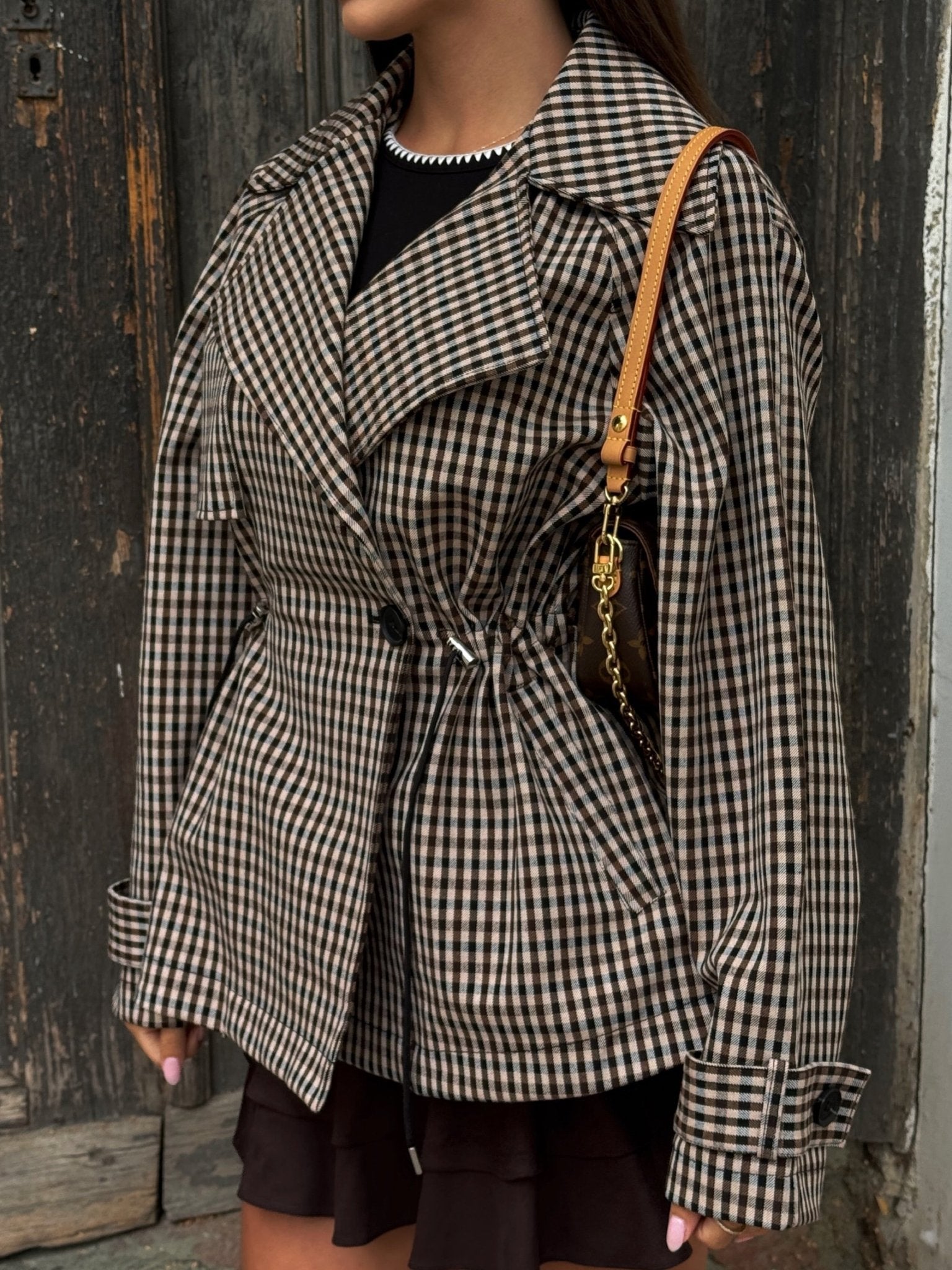 OLANE Classic Drawstring Gingham Short Trench BeigeSCoat