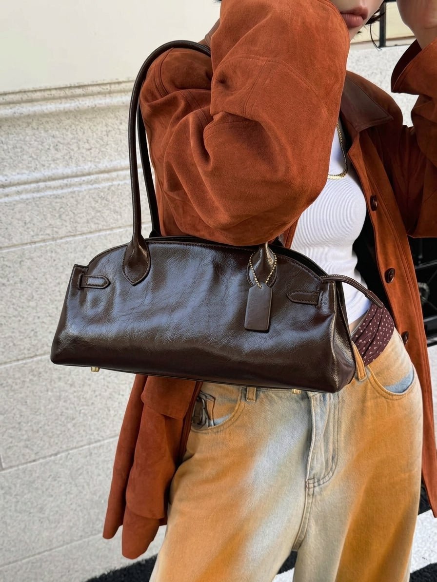 OLANE Classic Elongated Dual Handle Shoulder Bag BrownWomen's Handbags