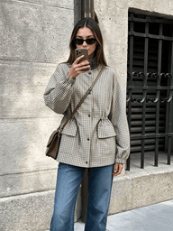 Classic High-Neck Plaid Jacket