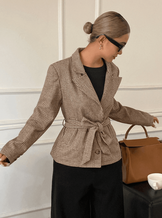 OLANE Classic Houndstooth Lace-Up Blazer BrownSJacket