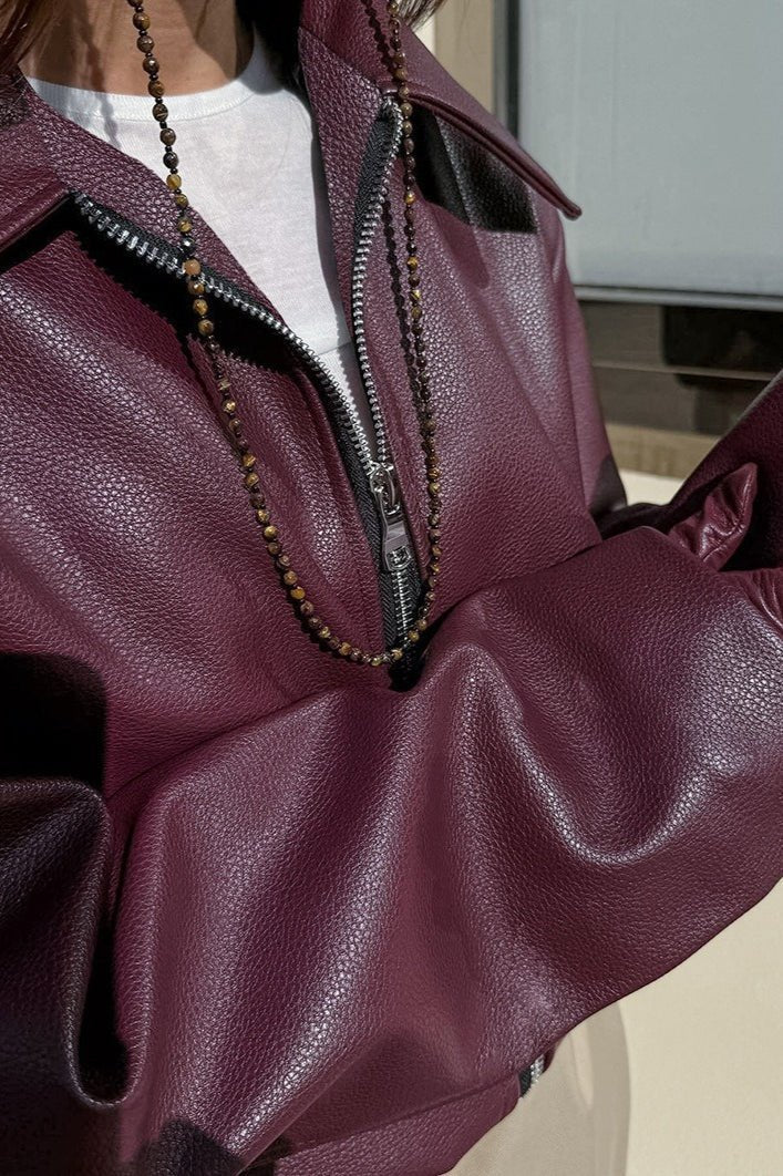 OLANE Classic Matte Leather Moto Jacket BurgundySWomen's Coats & Jackets