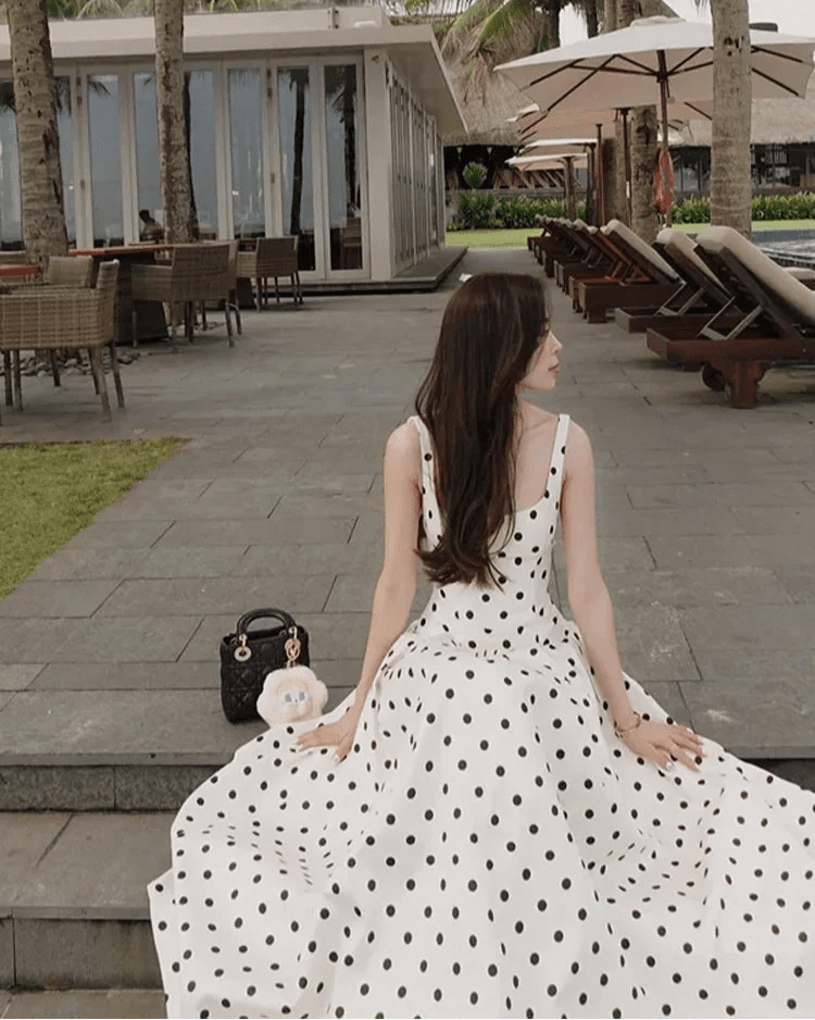OLANE Classic Polka Dot Square Neckline Midi Dress SWomen’s Dresses