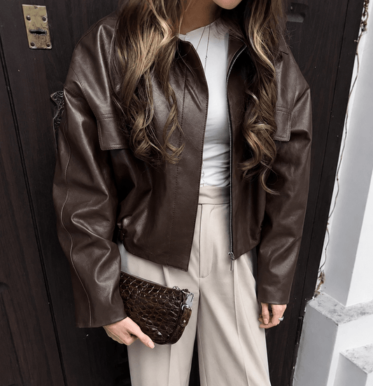 OLANE Classic Vintage Faux Leather Jacket BrownSWomen's Coats & Jackets