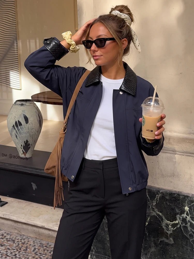 OLANE Contrast Collar Zip-Up Bomber Jacket NavyXSWomen's Coats & Jackets