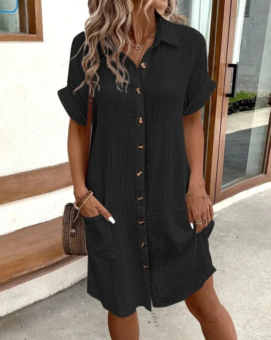 OLANE Cotton Linen V-Neck Mini Dress GreenSWomen's Dresses