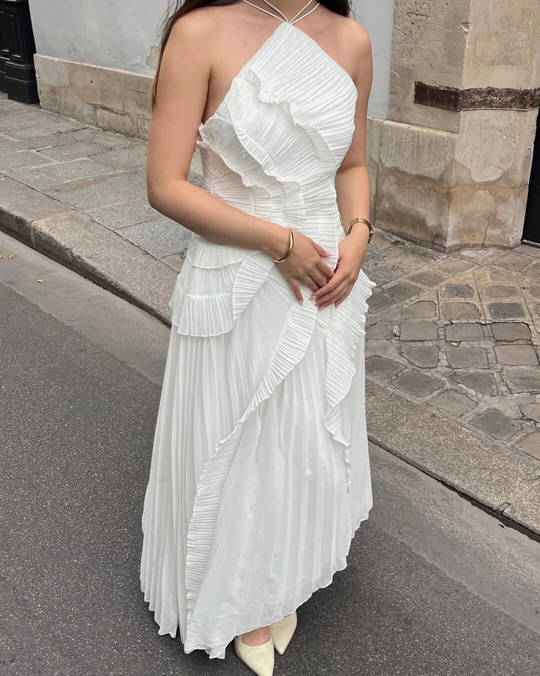 OLANE Crissa Halter Strap Ruffled Tule Dress WhiteMWomen’s Dresses