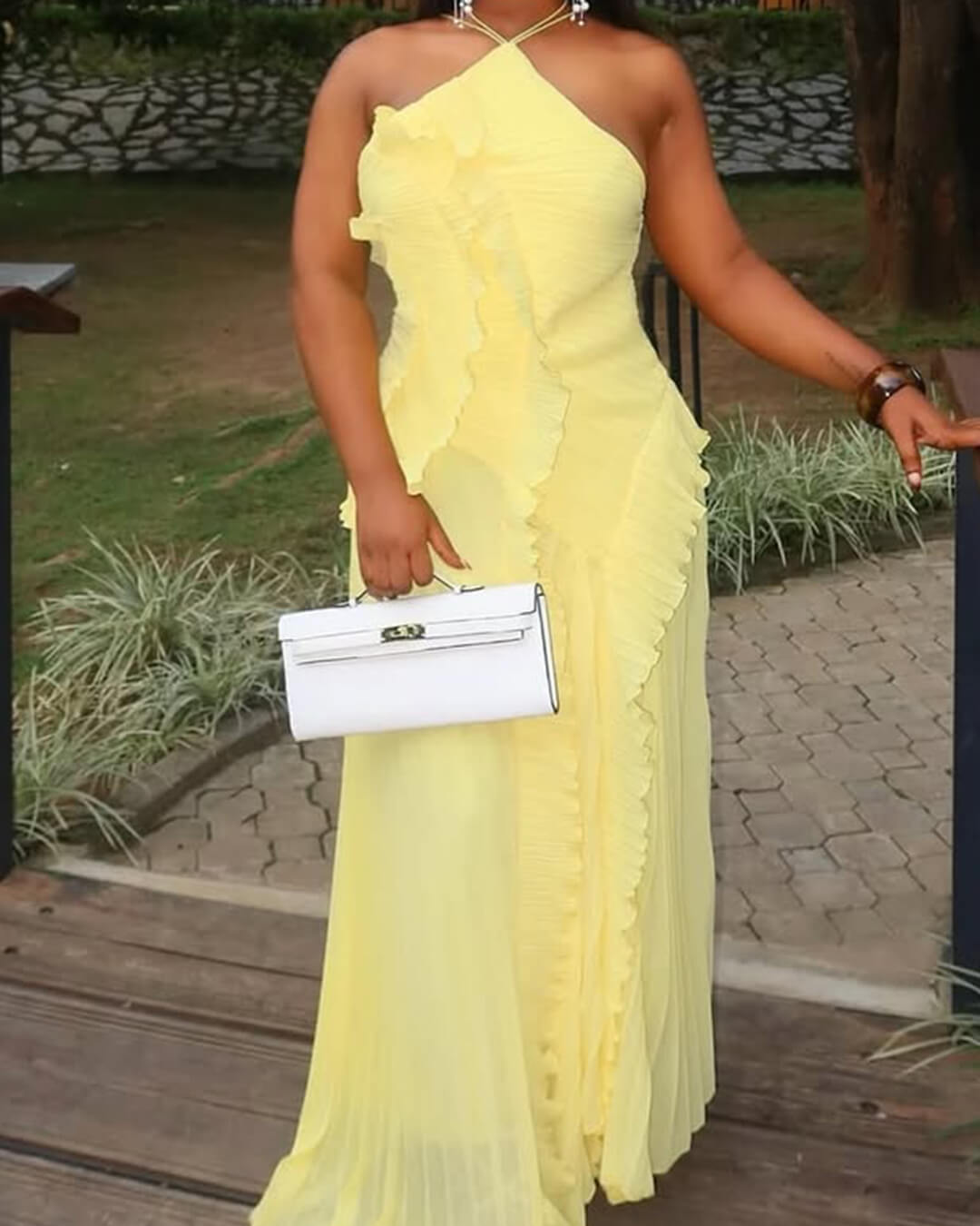 OLANE Crissa Halter Strap Ruffled Tule Dress YellowMWomen’s Dresses