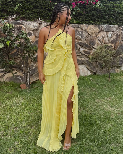 OLANE Crissa Halter Strap Ruffled Tule Dress YellowSWomen’s Dresses