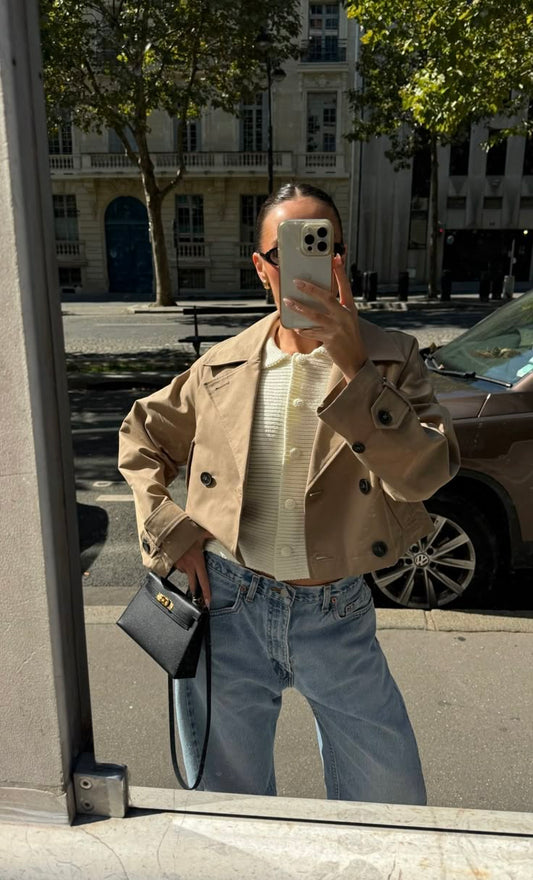OLANE Cropped Double Breasted Trench Coat BeigeXSCoat