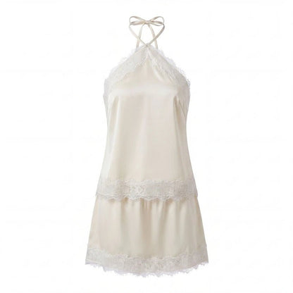OLANE Dahlia Satin Lace Halter Cami Set BlackSTop