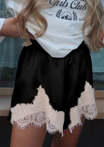 OLANE Daphne Satin Silk Lace Shorts Dark Blue white laceSWomen's Bottoms