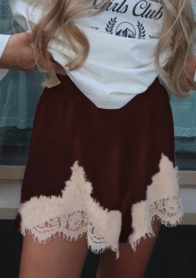 OLANE Daphne Satin Silk Lace Shorts Dark Brown white laceSWomen's Bottoms