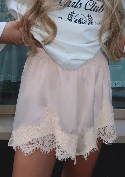 OLANE Daphne Satin Silk Lace Shorts Pink white laceSWomen's Bottoms