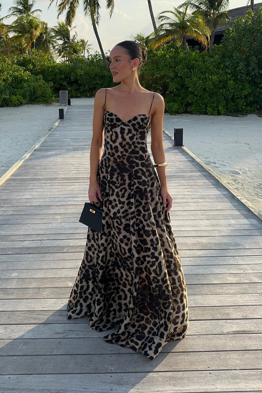 OLANE Daring Leopard Print Spaghetti Strap Maxi Dress BrownMWomen's Dresses