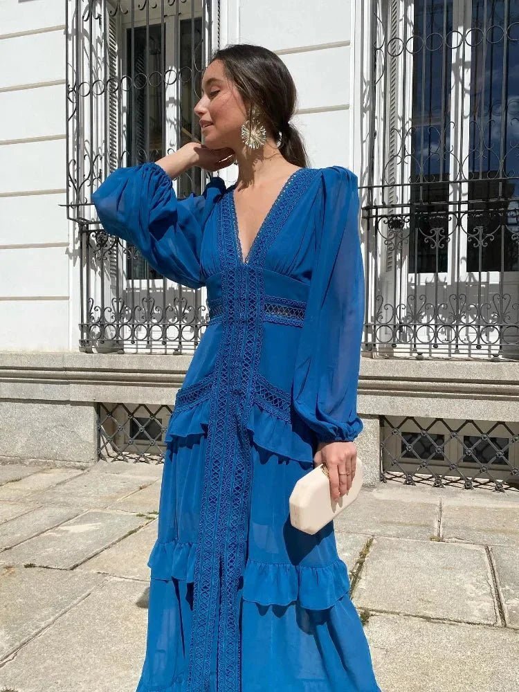 OLANE Deep V-Neck Ruffle Maxi Dress GreenSWomen's Dresses