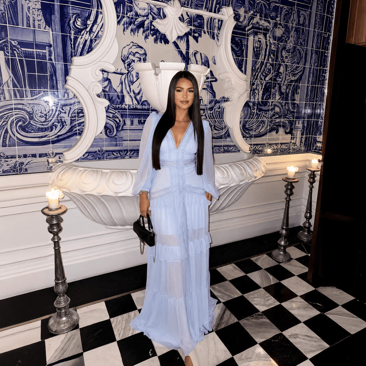 OLANE Deep V-Neck Ruffle Maxi Dress Light BlueSWomen's Dresses