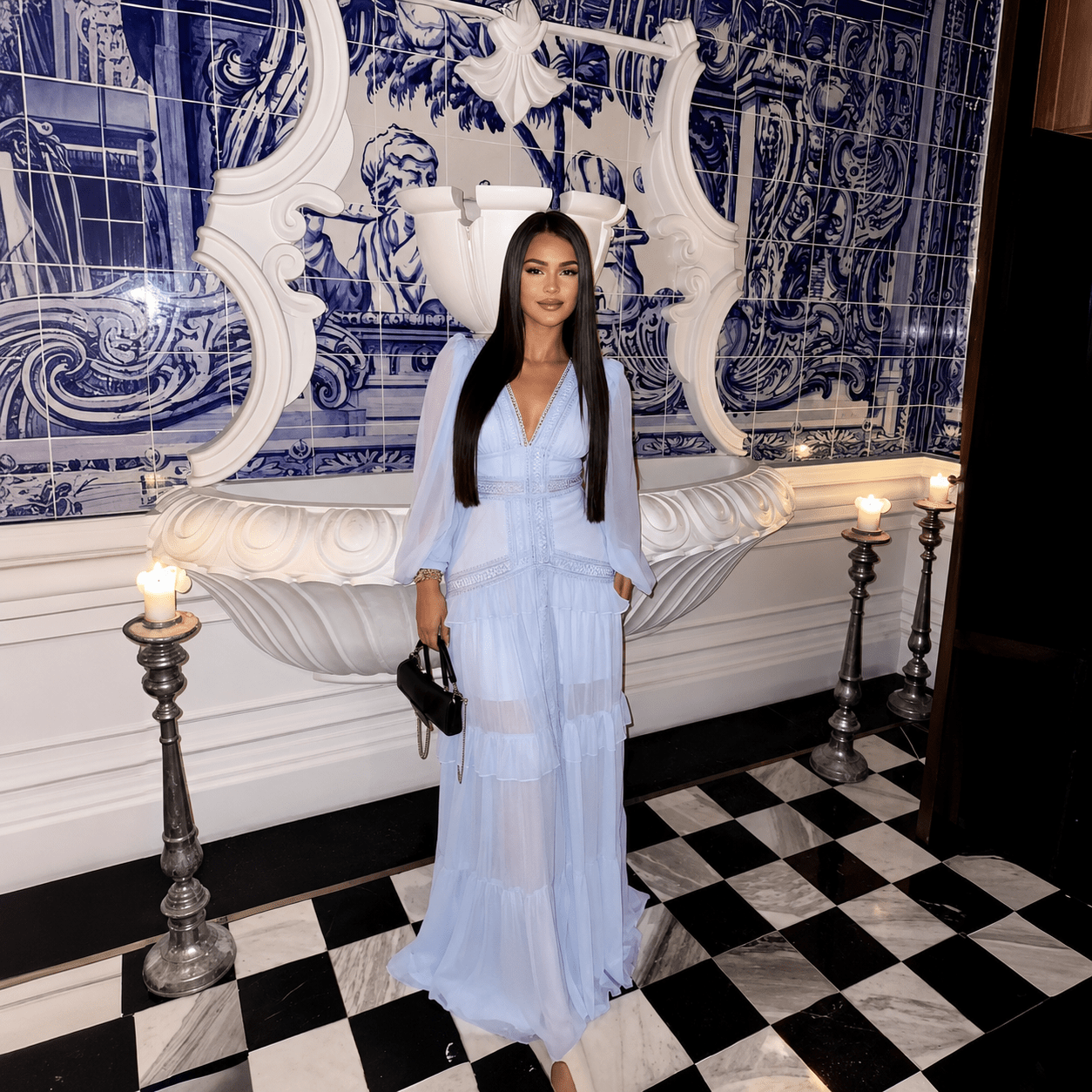 OLANE Deep V-Neck Ruffle Maxi Dress Light BlueSWomen's Dresses