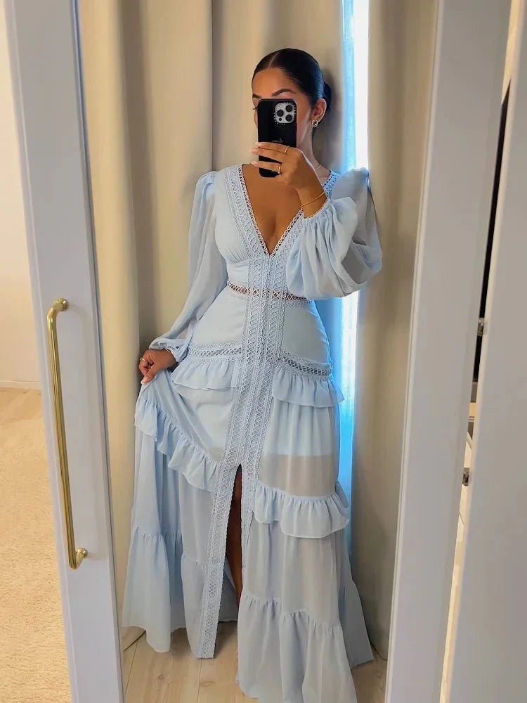 OLANE Deep V - Neck Ruffle Maxi Dress Light BlueSWomen's Dresses