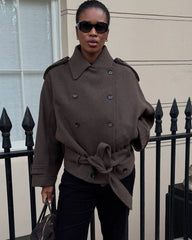 Double Breasted Belted Stand Collar Coat